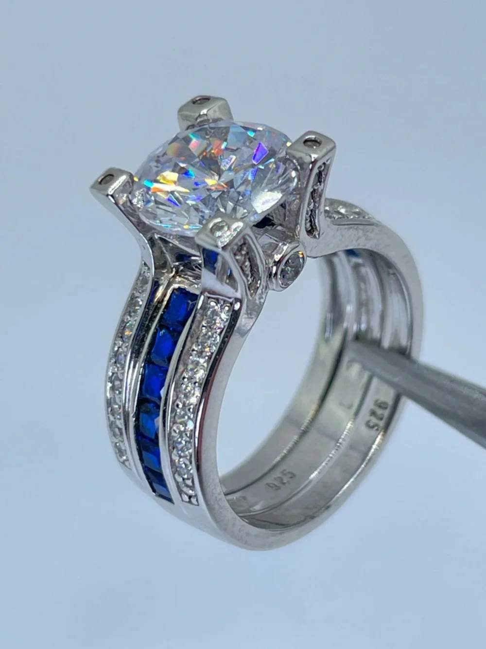 925 Sterling Silver Diamond Sapphire Bridal Wedding Ring Guard Set 5